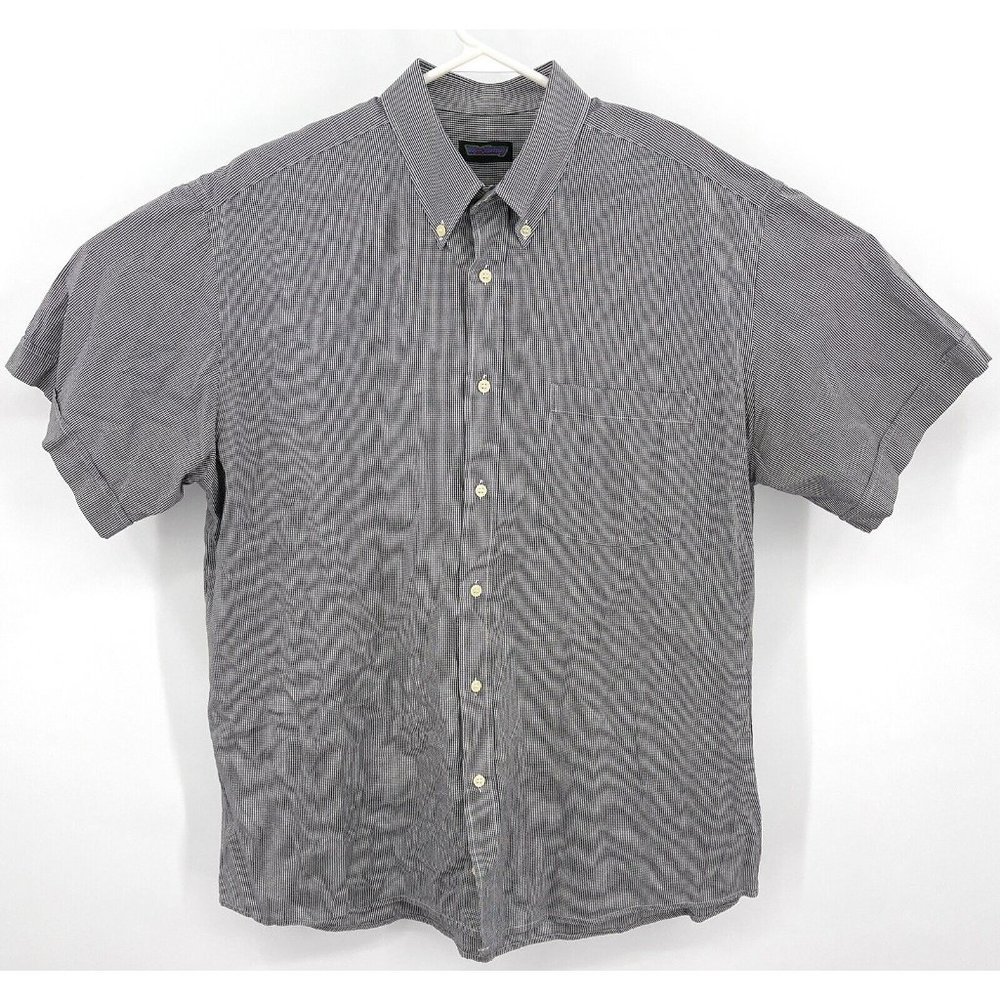 VTG Westbury Houndstooth Button Up Short‎ Sleeve Black White Shirt Mens L 43-44